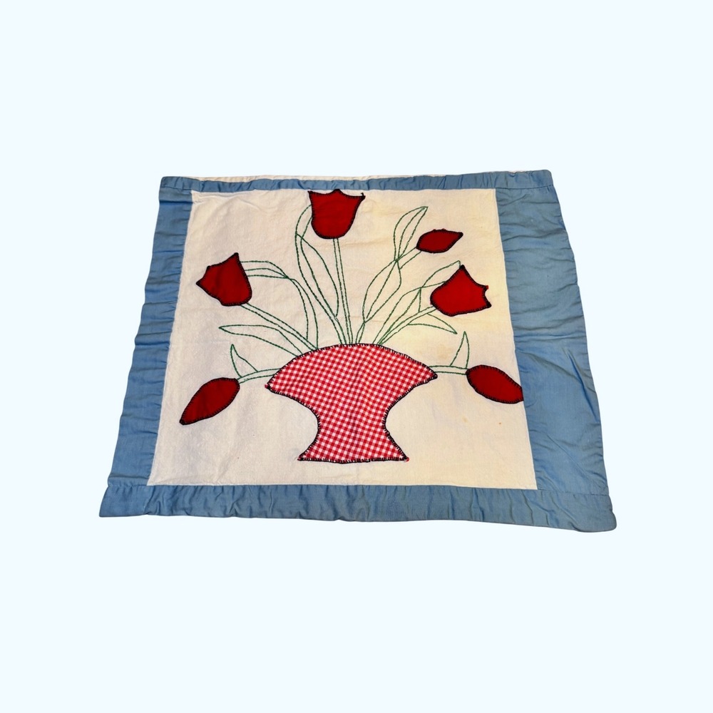 Vintage Handmade Pillowcase Pillow Cover Applique Tulips Red Gingham Vase READ